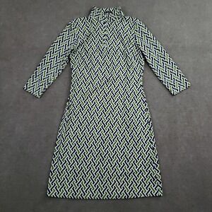 J McLaughlin Shift Dress Women Small Blue Green Geometric 3/4 Sleeve Zip Stretch